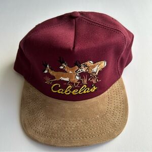 Vintage Cabelas Hat Red/Brown Leather Strap Wilderness Deer Hunting Made in USA